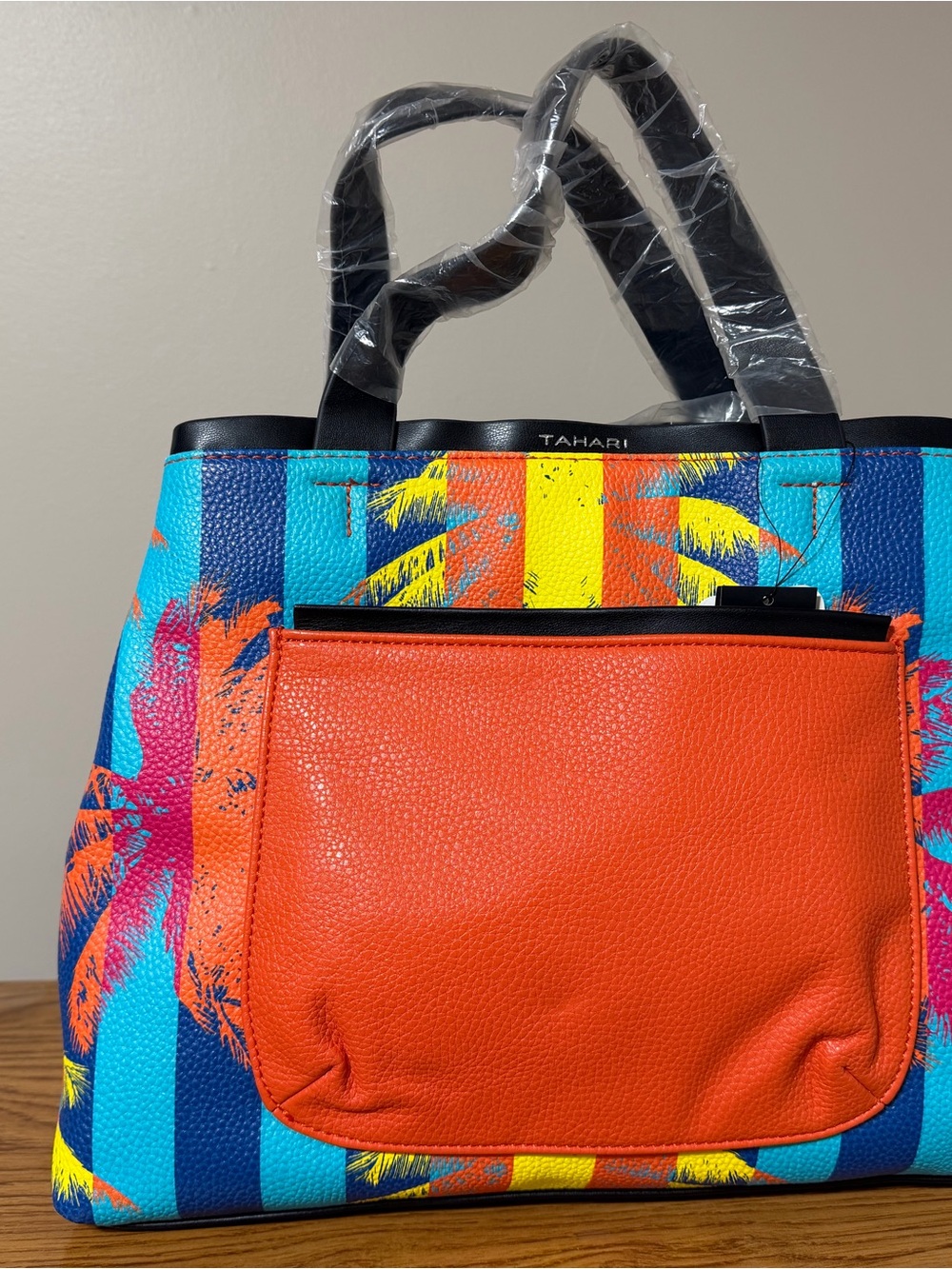 Tahari Orange Front-Pocket Tropical Stripe Tote